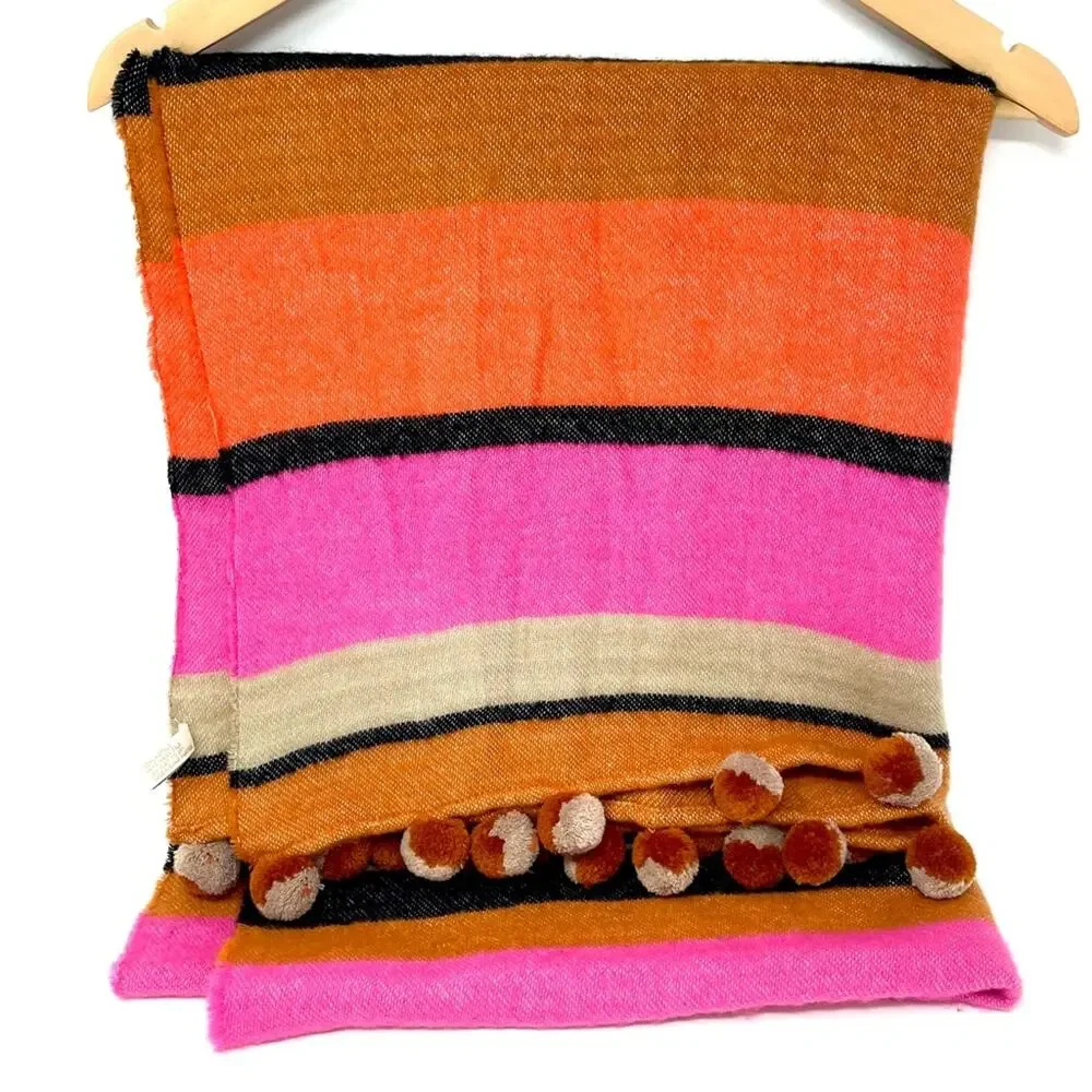 Nordstrom Women's Soft Plush Blanket Scarf Pompoms Pink Orange Black Tan Stripe